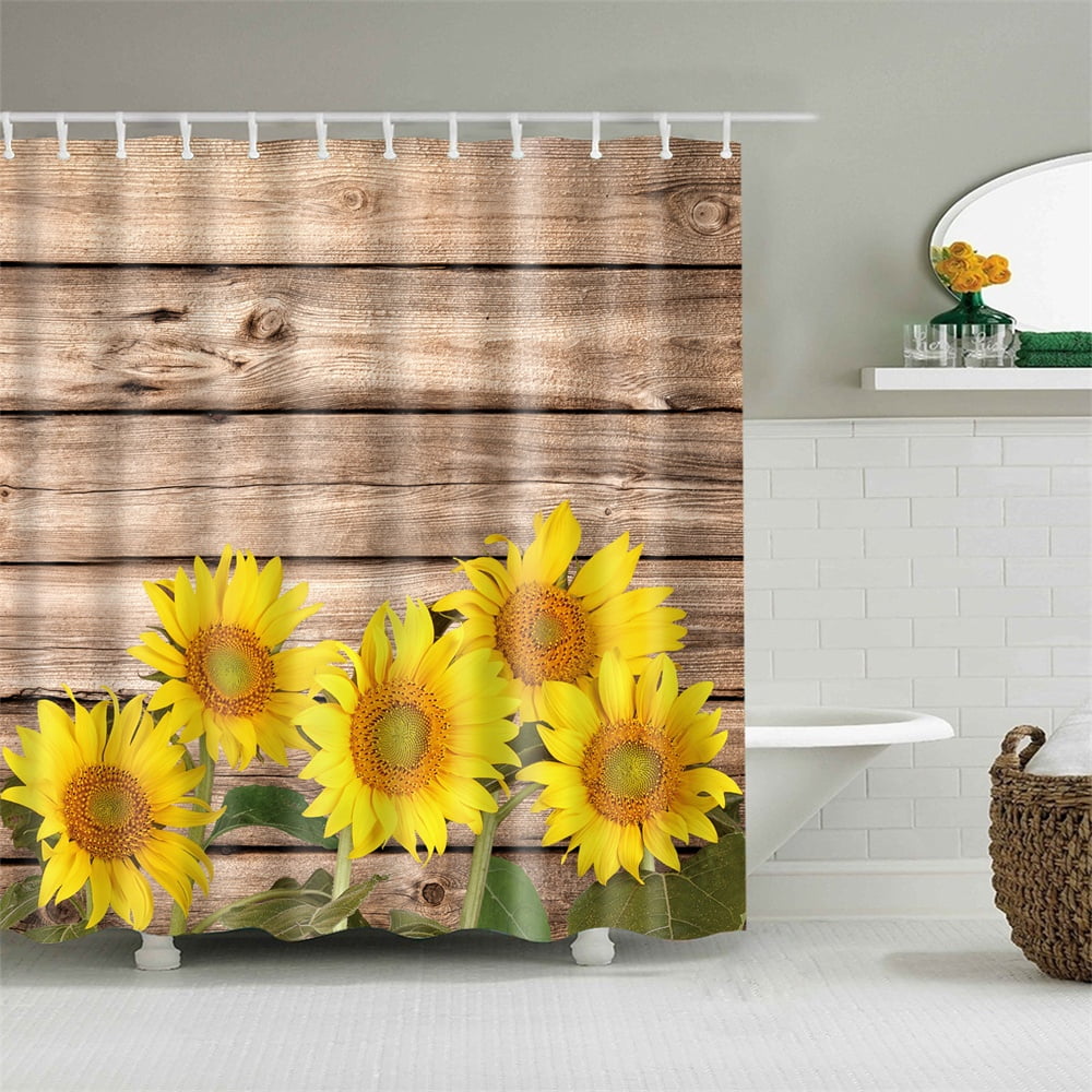 Shower Curtain Set With Hooks Sunflowers Wooden Board Bathroom Decor