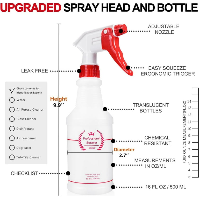 Uineko Plastic Spray Bottle (4 Pack, 16 Oz, All-Purpose) Heavy