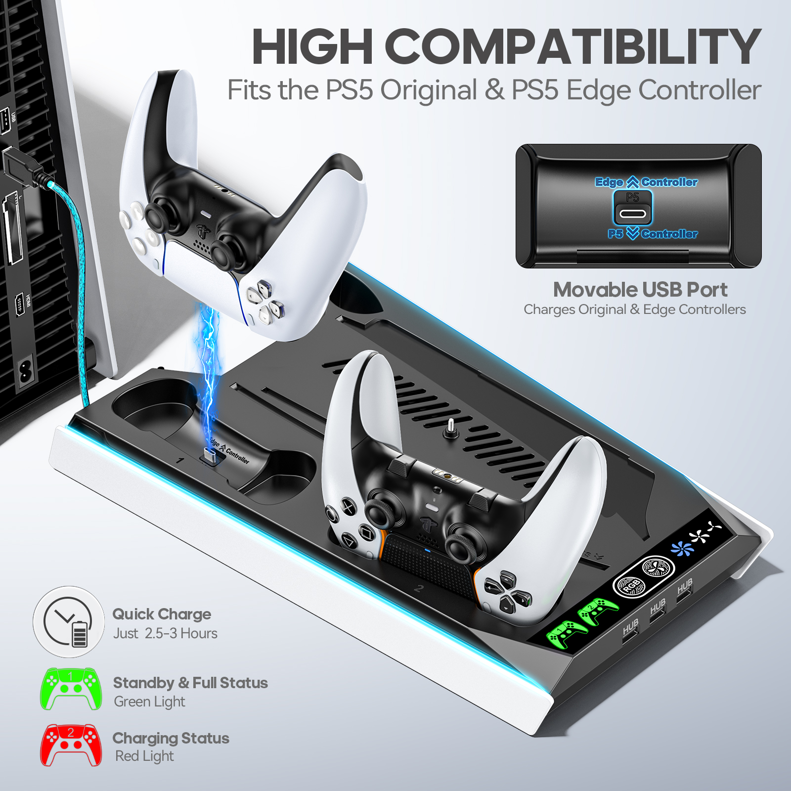 Kytok PS5 Slim Stand for PlayStation 5, PS5 Cooling Station with 3-Level Fan, Controller Charger for Dualsense & Edge Controller, PS5 Accessories with RGB Lighting, Black