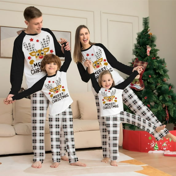 Matching Family Pajamas Sets Christmas PJ's Deer Print Top and Plaid Pants Bottom Sleepwear