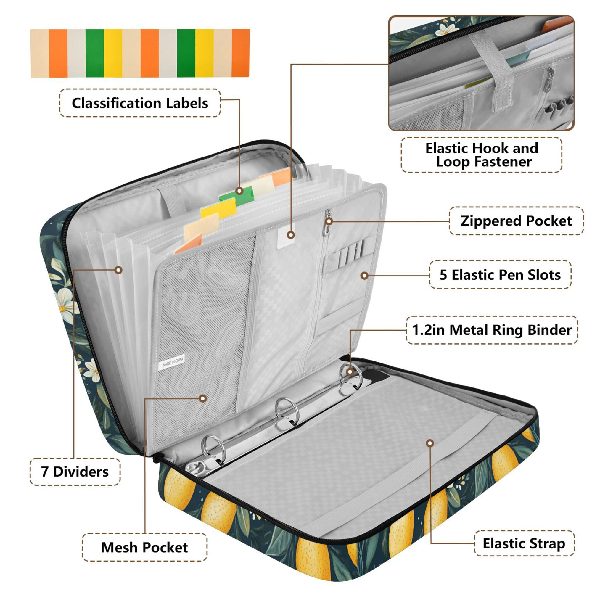 FORMRS Accordion File Folder A4 Size 7-Pocket Expanding Document Organizer Bag with 3 Ring Binder, Blue Floral Lemons