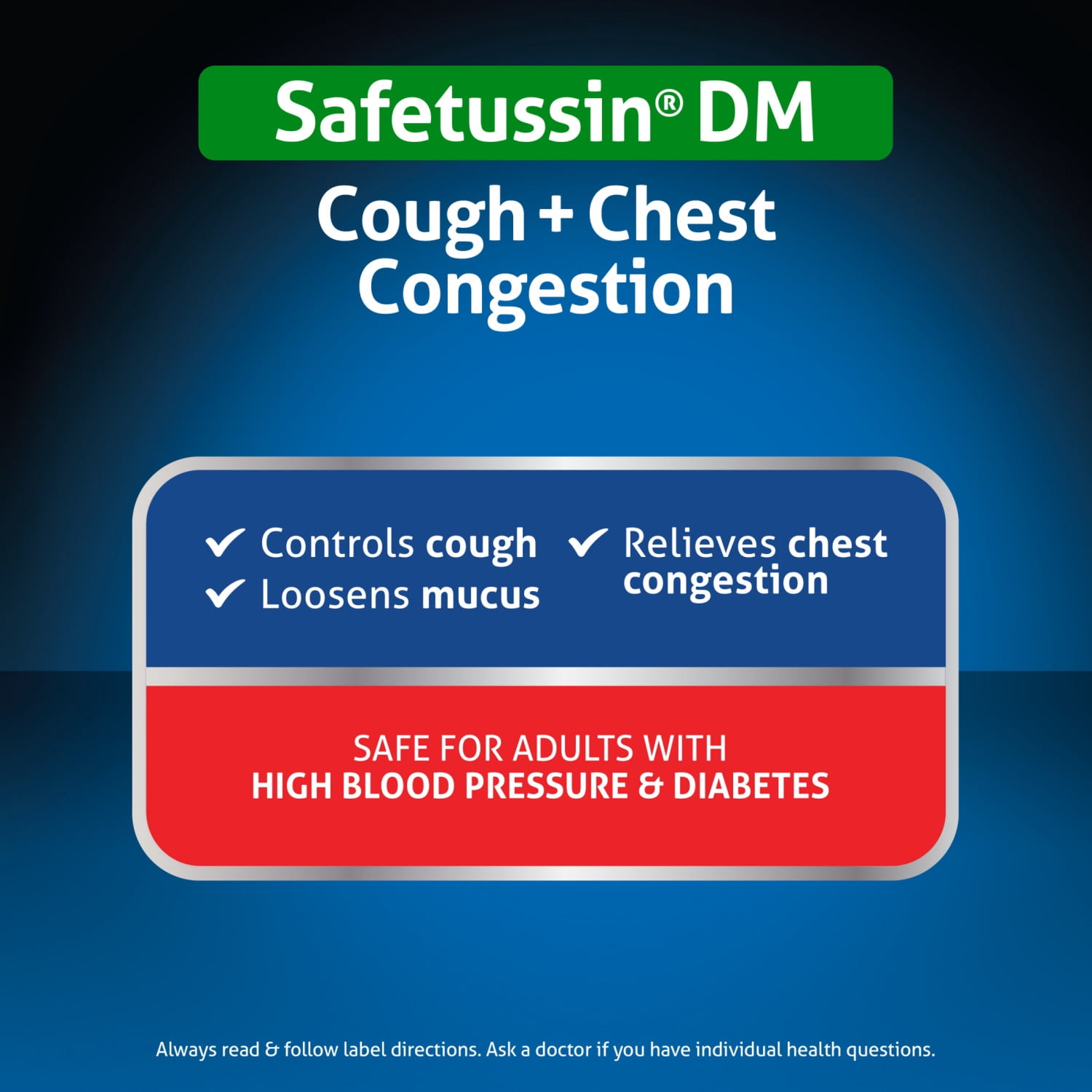 Safetussin DM Non-Drowsy Cough + Chest Congestion Relief, Safe for High Blood Pressure & Diabetes, 8 Fl oz