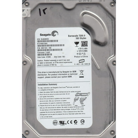 ST3100011A, 5LS, WU, PN 9BD132-188, FW 3.AAE, Seagate 160GB SATA 3.5 Hard Drive
