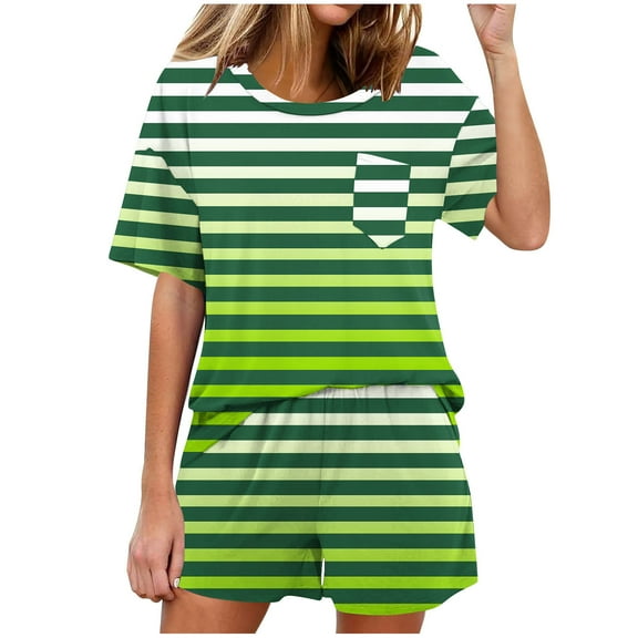 ABPWLY 2 Piece Sets for Women Lounge Sets for Women Fashion Striped Print Short Sleeve Pocket Tops and Shorts Outfits Summer Loungewear Sets Women Winter Outfits