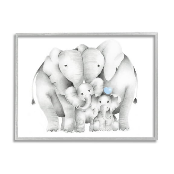 Stupell Industries Happy Elephant Family Blue Heart Pop Baby Animals Modern Drawing Gray Framed Art Print Wall Art, 24 x 30, Design by Studio Q
