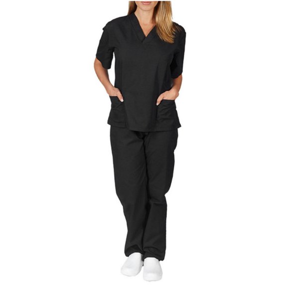 LYMAYTER Women's Solid Color Nurse Uniform Medical Uniform Short Sleeve Nurse Uniform Anti-Wrinkle Medical Uniform S-2XL