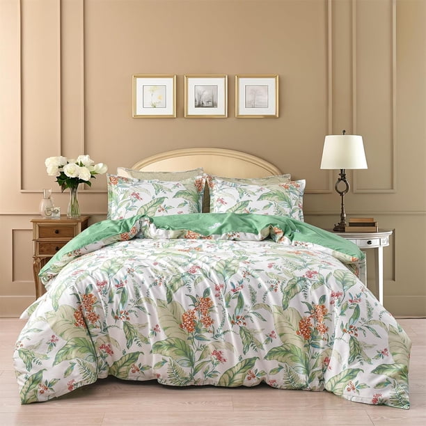 Funda Nórdica King Size Juego de Funda Nórdica de 3 Piezas con Estampado Floral Verde sobre Blanco