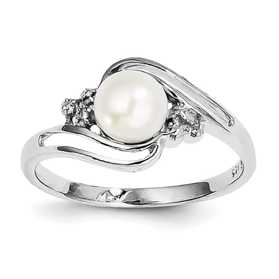 Sterling Silver Rhodium 6mm FW Cultured Button Pearl & Diamond Ring QDX855