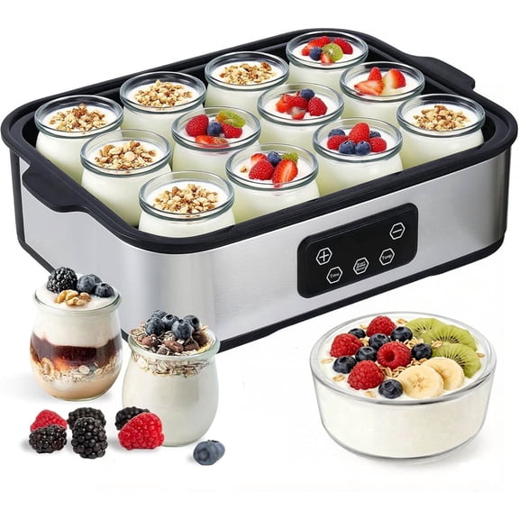 iFCOW Yogurt Maker with 6oz 12 Glass Jars, Stainless Steel Yogurt Machine with Adjustable Time & Temp Control, Automatic Shut-Off & Constant Temper, Led Display Multi-Function Electric Yogurt Machine