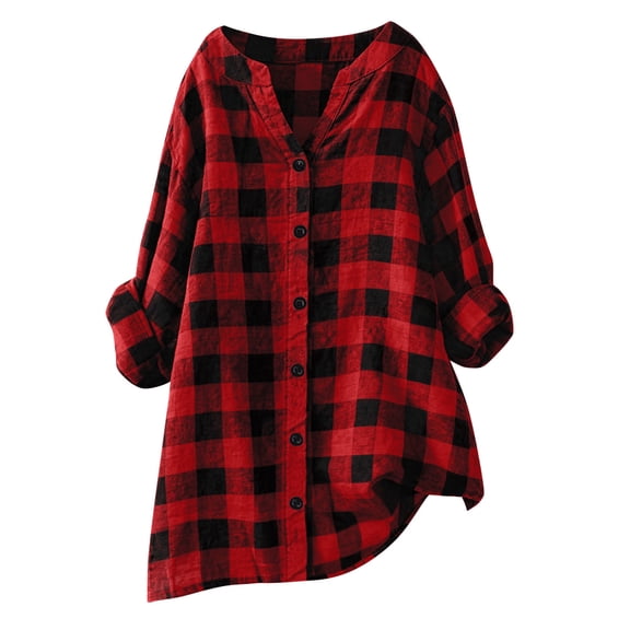 Womens Button Up Plaid Shirts Loose Tunic Tops Long Sleeve V Neck Casual Blouses Plus Size Maternity Outfits (XL, Red)
