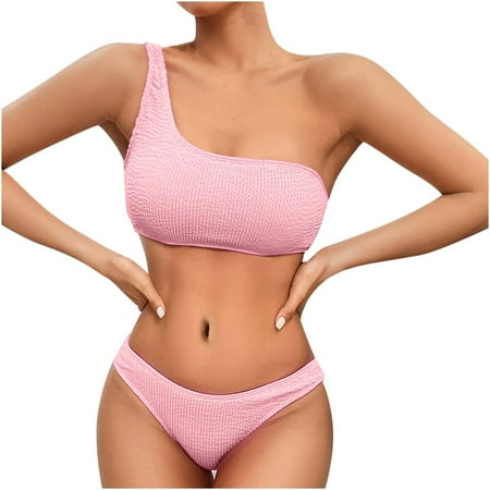 Penkiiy Women s Ribbed Bikini Sets One Shoulder Top with Mid Waist Two Piece Bathing Suit L Pink