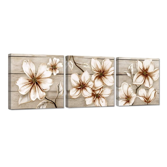 Zlove 3 Pieces Abstract Rustic Flower Pictures Wall Art Golden Botanical Blossoms Floral Painting Vintage Artwork for Bathroom Bedroom Decor Ready to Hang 12x12inchx3pcs