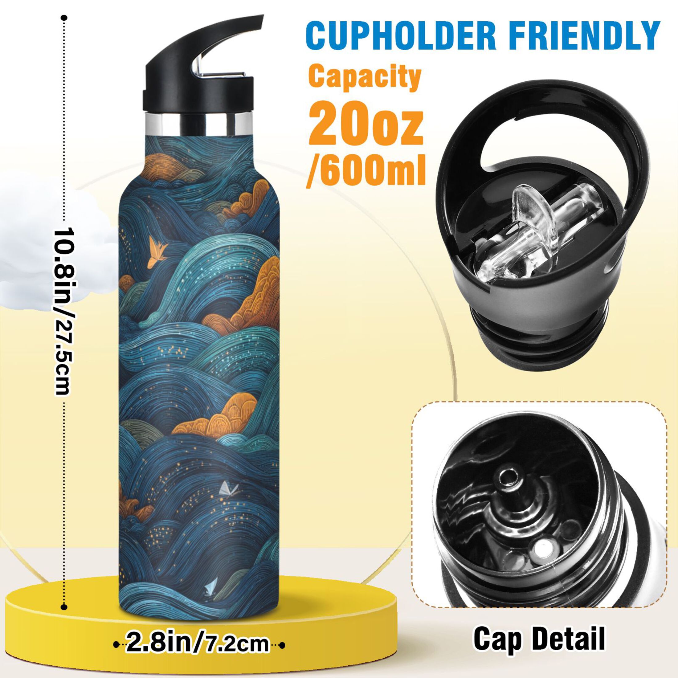 600ML Stainless Steel Insulated Cup Sports Water Bottle Portable Thermos Cup Water Glasses Insulated Tumblers Convenient and Durable Dark Blue Clouds
