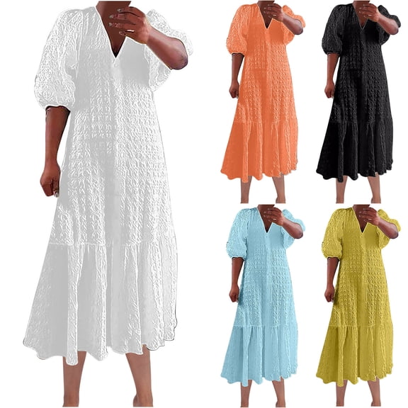 Antinious Summer Dresses for Women,Beach Dresses for Women,Women Short Sleeve Solid Button Pleated Loose Casual Dress,Black,XXL
