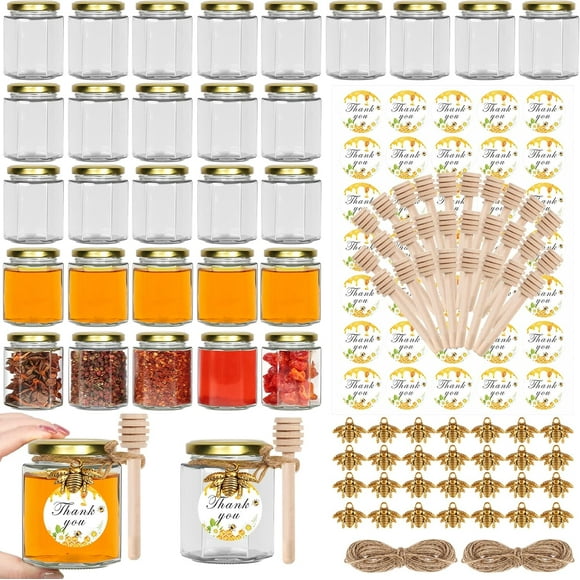 shiyou-6oz Glass Small Jars with Lids 30Pack, Honey Jars in Bulk for Baby Shower Favors/Wedding Favors -Small Canning Jars with Wooden Dippers(6fl.oz-30Pack)