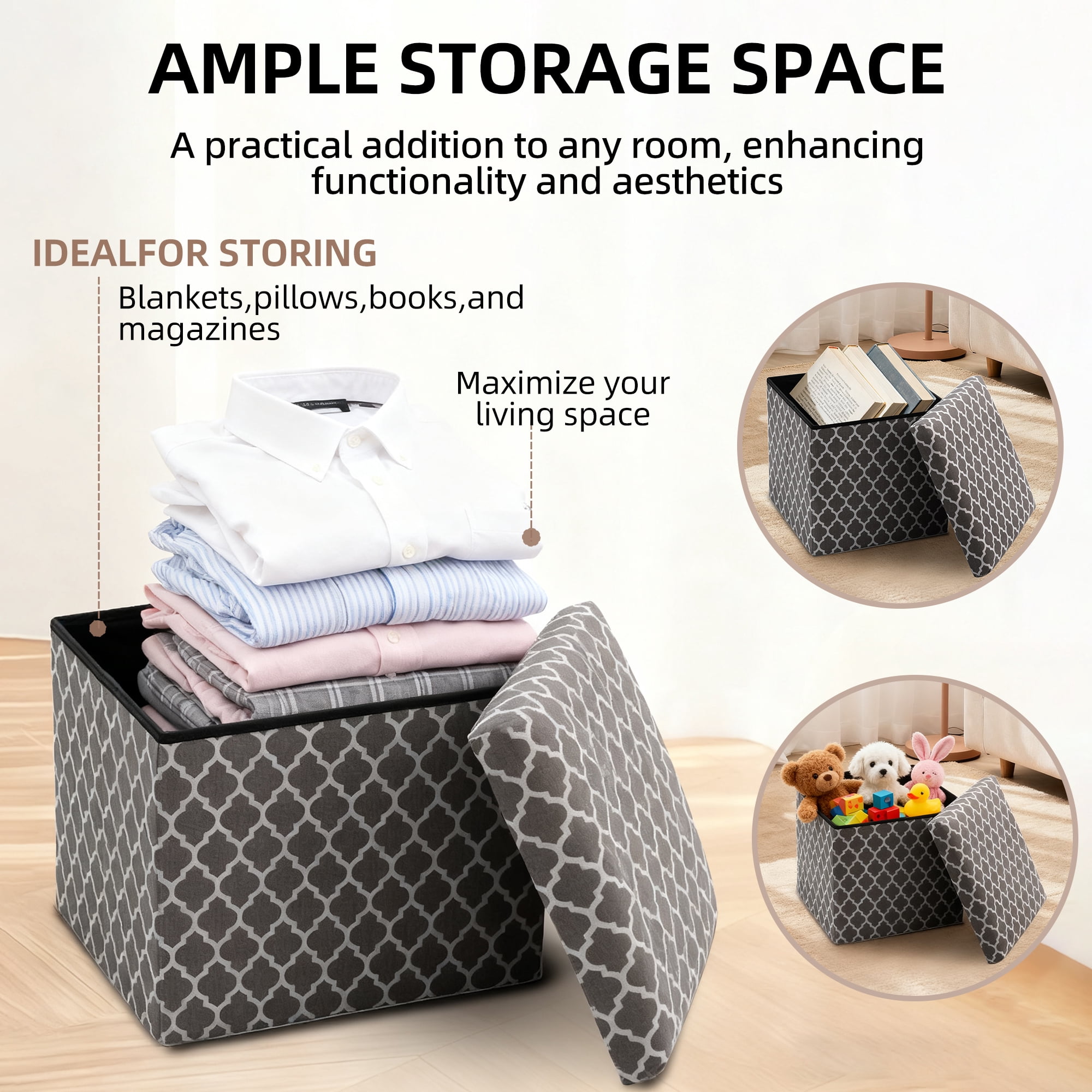 YEEZEE Storage Ottoman,Foldable Footstool with Thick Cushion for Living Room,14.9L*14.9W*13.8H,Grey