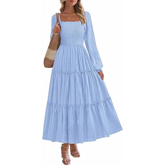 PRETTYGARDEN Maxi Dresses for Woman Fall Boho Long Sleeve Smocked A Line Ruffle Holiday Party Long Dress with Pockets