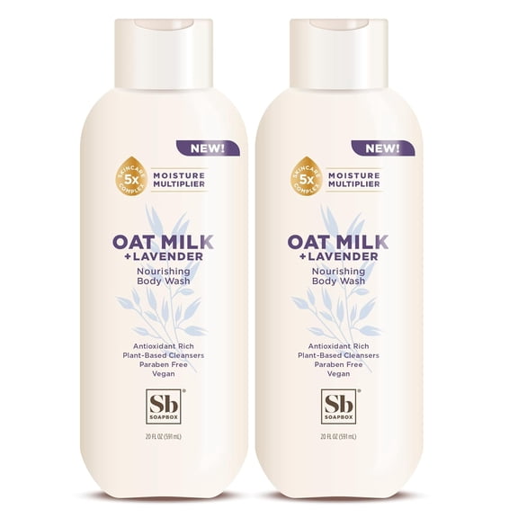Soapbox Body Wash, Oatmilk & Lavender Liquid Body Wash, Moisturizing Soap with Shea Butter, Vegan Duo Pack of 2 Soap Bottles, 20oz Each