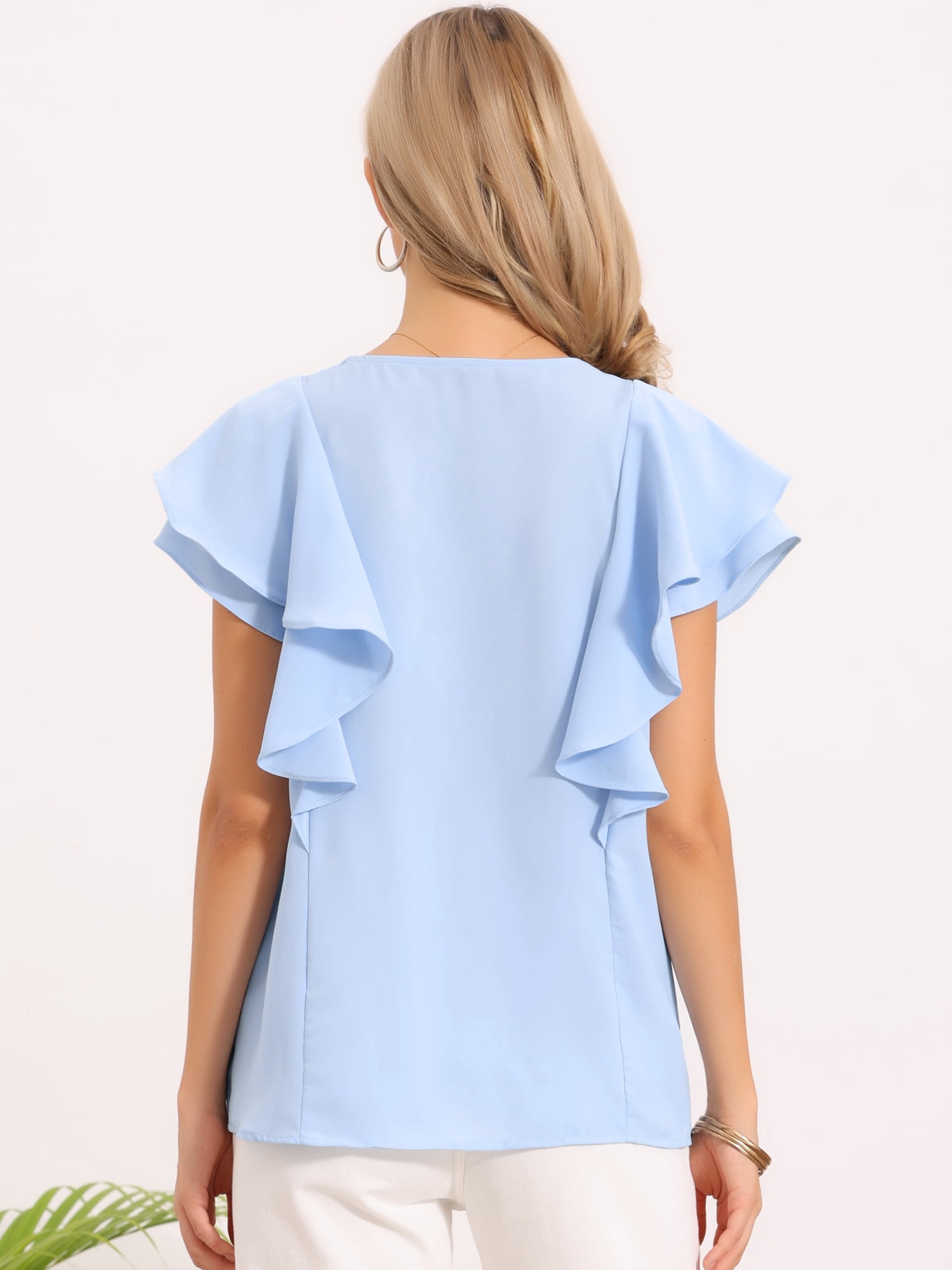 DARING DIVA Women's Ruffled Blouse Short Sleeve V Neck Button Down Top S Light Blue