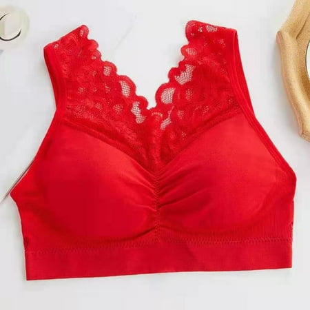 Nexjvus Women S Sports Bras Wirefree Comfortable Gathering Bra Lace Yoga Bra Red