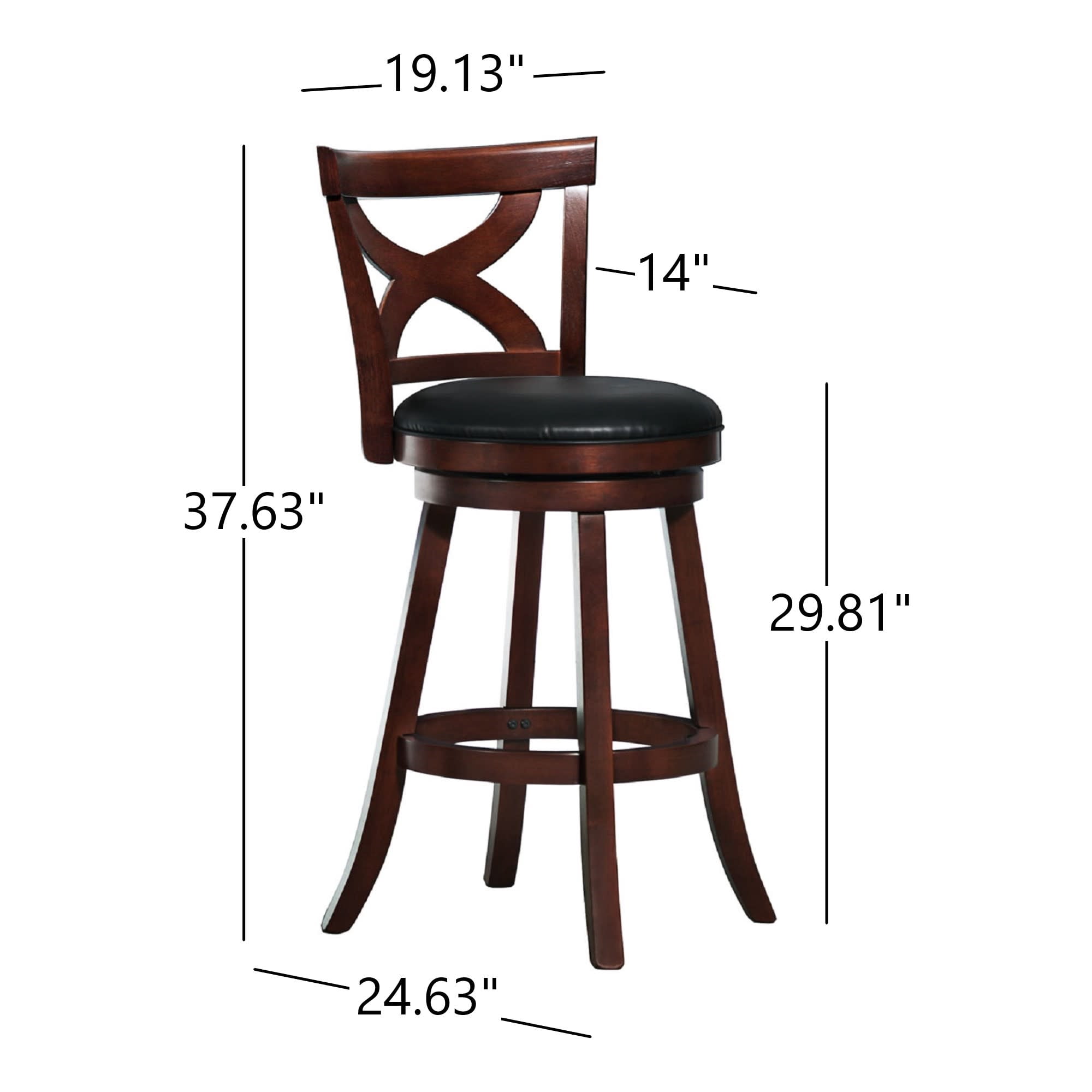 Weston Home Basalt High X-Back Black Upholstered Swivel Seat Bar Height Stool, Cherry Finish