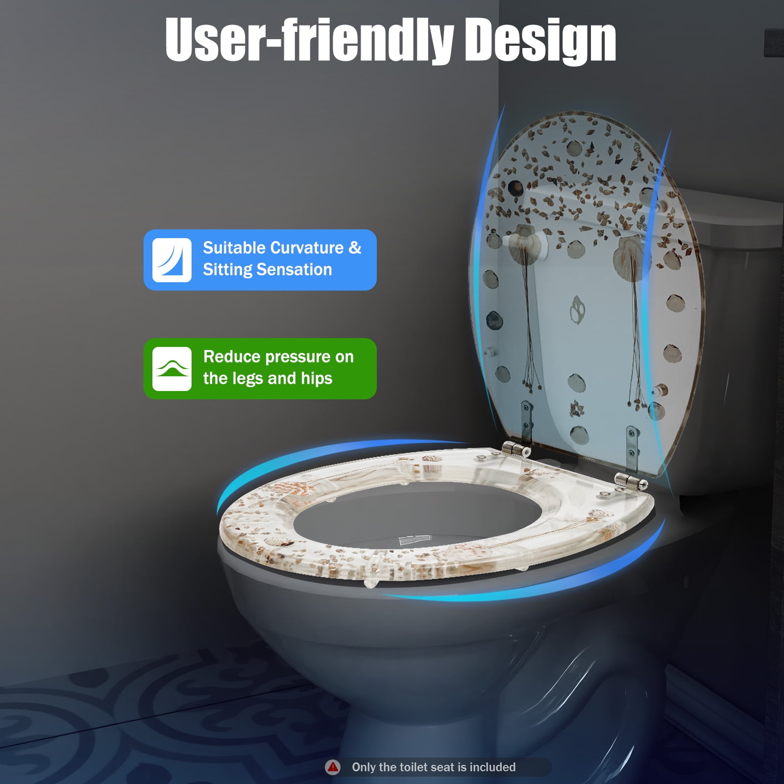ChicHomey Clear Resin Toilet Seat  with Real Dried Flowers & Shells,Quiet-Close Seat,Universal Fit for  Standard Toilets – Easy to Clean & Install