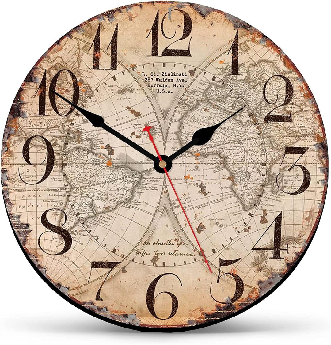 Home Decoration Large Wall Clock,Wooden16 Inch Big Numerals Map Design