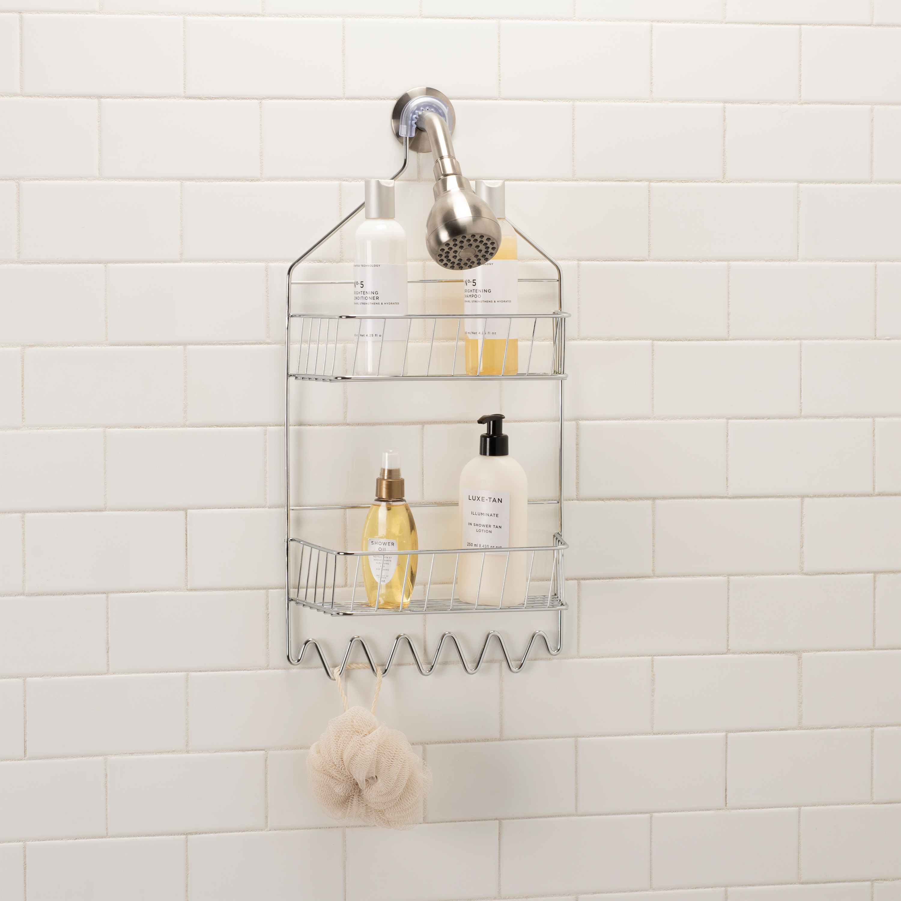 Bath Bliss 2 Tier Shelf Steel Cabana Stripe Shower Caddy, Silver Chrome