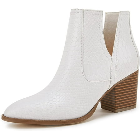 

QWZNDZGR Womens Ankle Boots Slip on Cutout Pointed Toe Snakeskin Chunky Stacked Mid Heel Booties