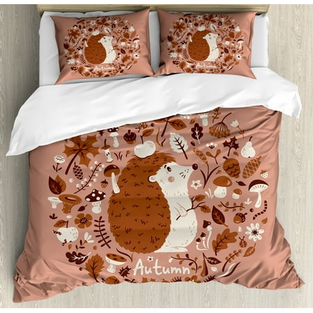 Pine Cone Bedding Collection Hedgehog Duvet Cover Set, Autumn Theme Animal Image with Many Season Elements Pine Cone Leaves Soft Colors, Decorative Bedding Set with Pillow Shams, Coral Brown, by Ambesonne ()