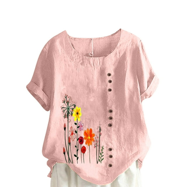 Cameland Hauts pour Femmes Col Rond Manches Courtes Imprimé Floral Chemise Ample