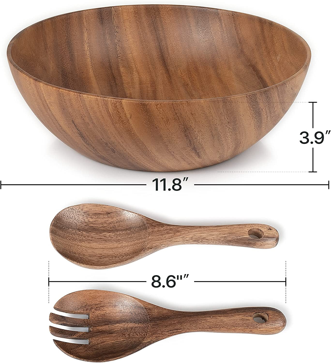 11.8"x 3.9" Acacia Wooden Salad Bowl Set, Large wooden salad bowl