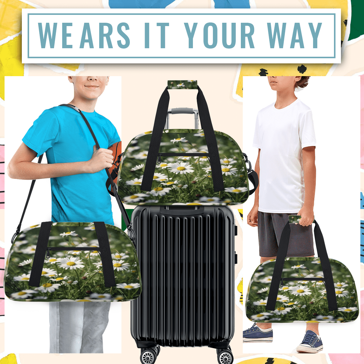 Herdesigns Daisy Sports Duffle Bag for Women & Men, Floral Gym Bag Dance Bag Overnight Bag Carry On Weekender Travel Bag