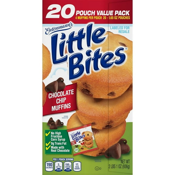 Entenmann's Little Bites Chocolate Chip Muffins, 1.65 Oz (20 Individually Wrapped Pouches) – Bite-Sized, Real Chocolate, No High Fructose Corn Syrup/Trans Fat