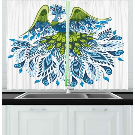 Peacock Curtains 2 Panels Set Abstract Exotic Bird Figure With