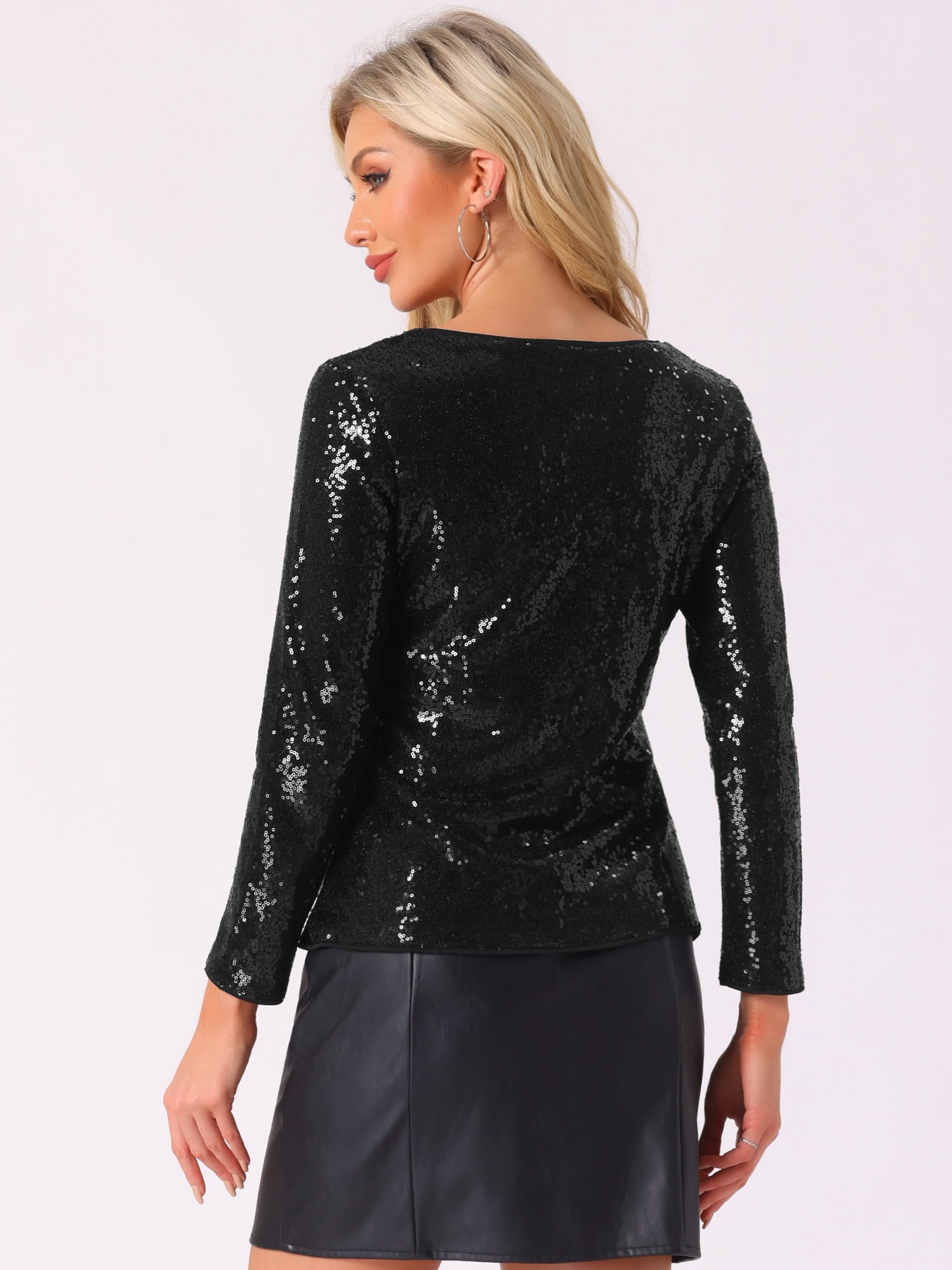 DARING DIVA Women's Round Neck Long Sleeve Shiny Sparkly Blouse L Black
