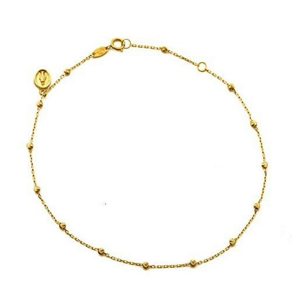 LoveBling 10K Yellow Gold .50mm Diamond Cut Rolo Chain with a Virgin Mary Charm & Beads Anklet Adjustable 9" to 10" (#51)