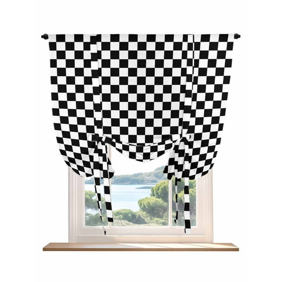 Black White Plaid Tie Up Curtains for Windows 45 Inch Length Balloon Curtains Kitchen Adjustable Balloon Window Shade Modern Buffalo Check Gingham Art Tie Up Valance Bathroom Curtain Window 42"x45"
