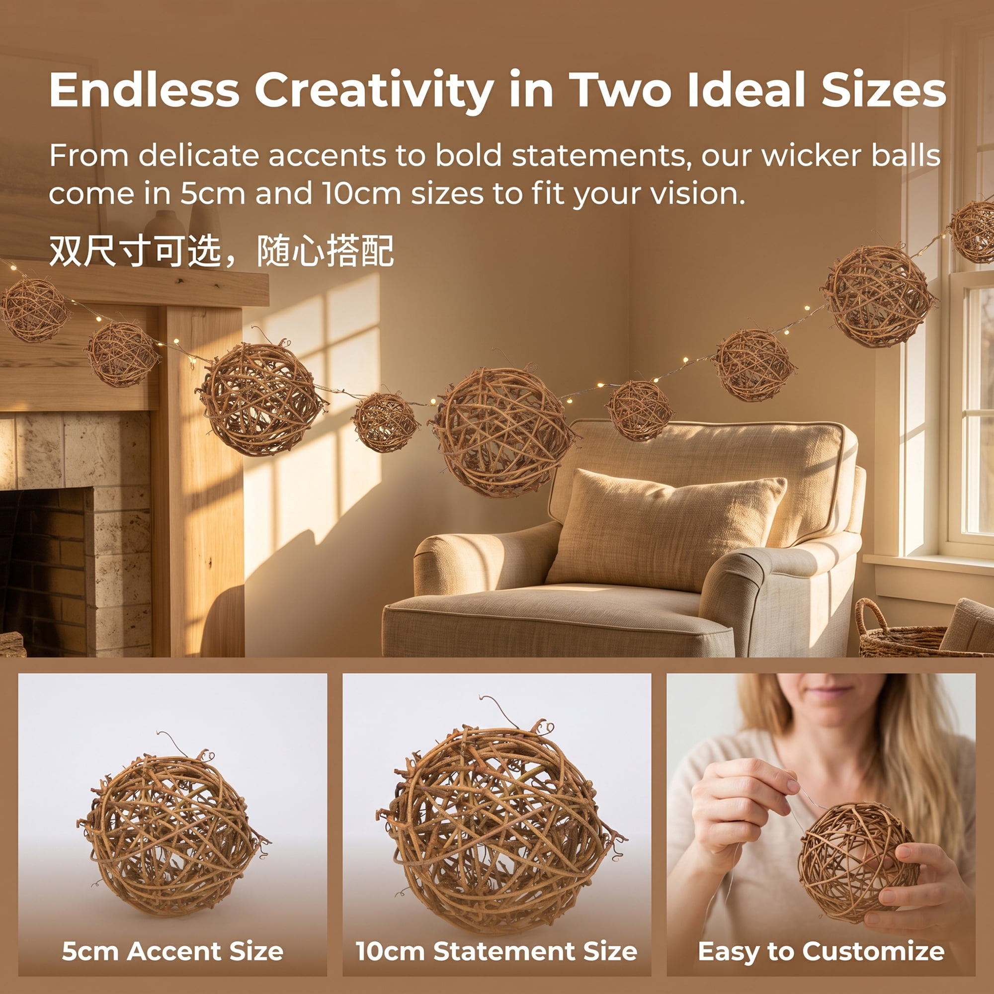 Unique Bargains 10Pcs Durable Rattan Balls Natural Wicker Spheres Orbs Brown 2"x2"x2"