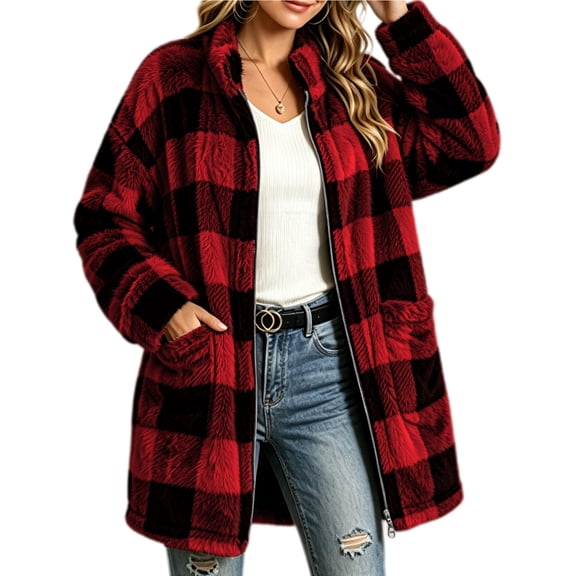 Livrdious Women Plaid Fleece Jackets Oversized Long Sleeve Outwear Jacket Zipper Warm Fall Winter Coats with Pockets