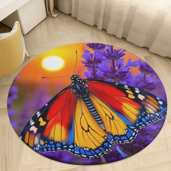 Monarch Butterfly Floral Sunset Round Area Rugs for Bedroom Living Room, 4FT Soft Comfy Indoor Circle Carpets, Floor Mat