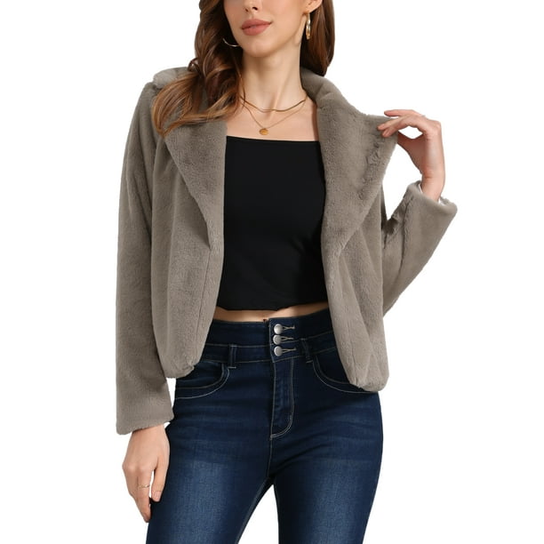 Abrigo de piel sintética recortado para mujer, chaqueta de invierno de moda, con frente abierto, solapa de muesca, manga larga, abrigo esponjoso XL gris café