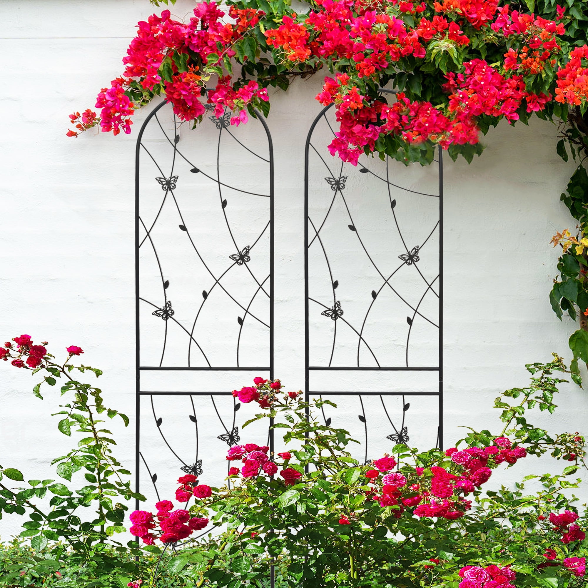 2 Pack Metal Garden Trellis 86.7" x 19.7" Rustproof Trellis for Climbing Plants Outdoor Flower Support Butterfly Deco Black