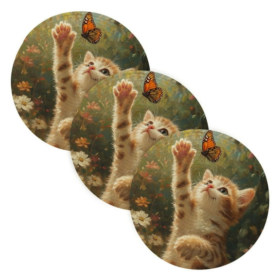 BZSMCE Mats for Pots,Pans Place Cat Play with Butterfly Simple Style Pattern Pot Mats
