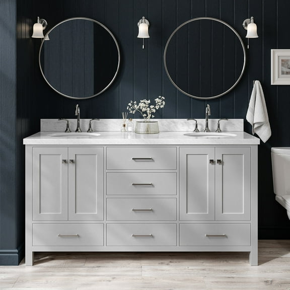 Ariel Cambridge 67 Inch Double Oval Sink Vanity With Carrara White Marble Countertop With 1.5 Edge In Grey