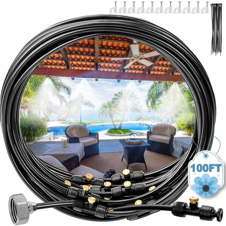 Misters for Outside Patio, 100FT (30M) Misting Line+27 Mist Nozzles+3/4" Brass Adapter, Outdoor Misting Cooling System for Patio Backyard Greenhouse Trampoline Horse Corral