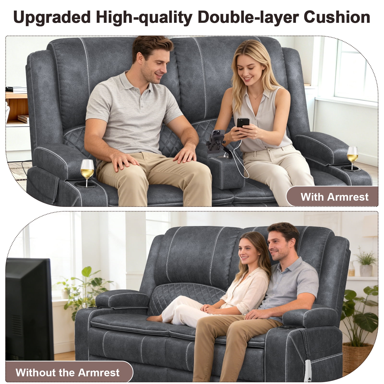 Power Reclining Loveseat for Home Theater RV with USB Charging, Storage Console, Removable Armrests, Wall-Hugger Design Velvet Grey