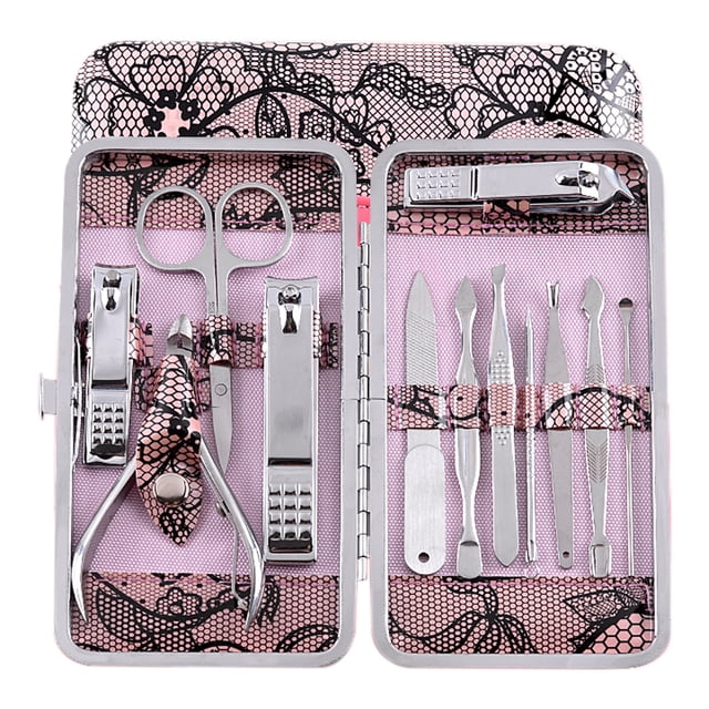 Juego de manicura y cortaúñas, kit de herramientas para el cuidado de la pedicura, kit de cuidado de acero inoxidable, 12 piezas para viajes o para el hogar (rosa)