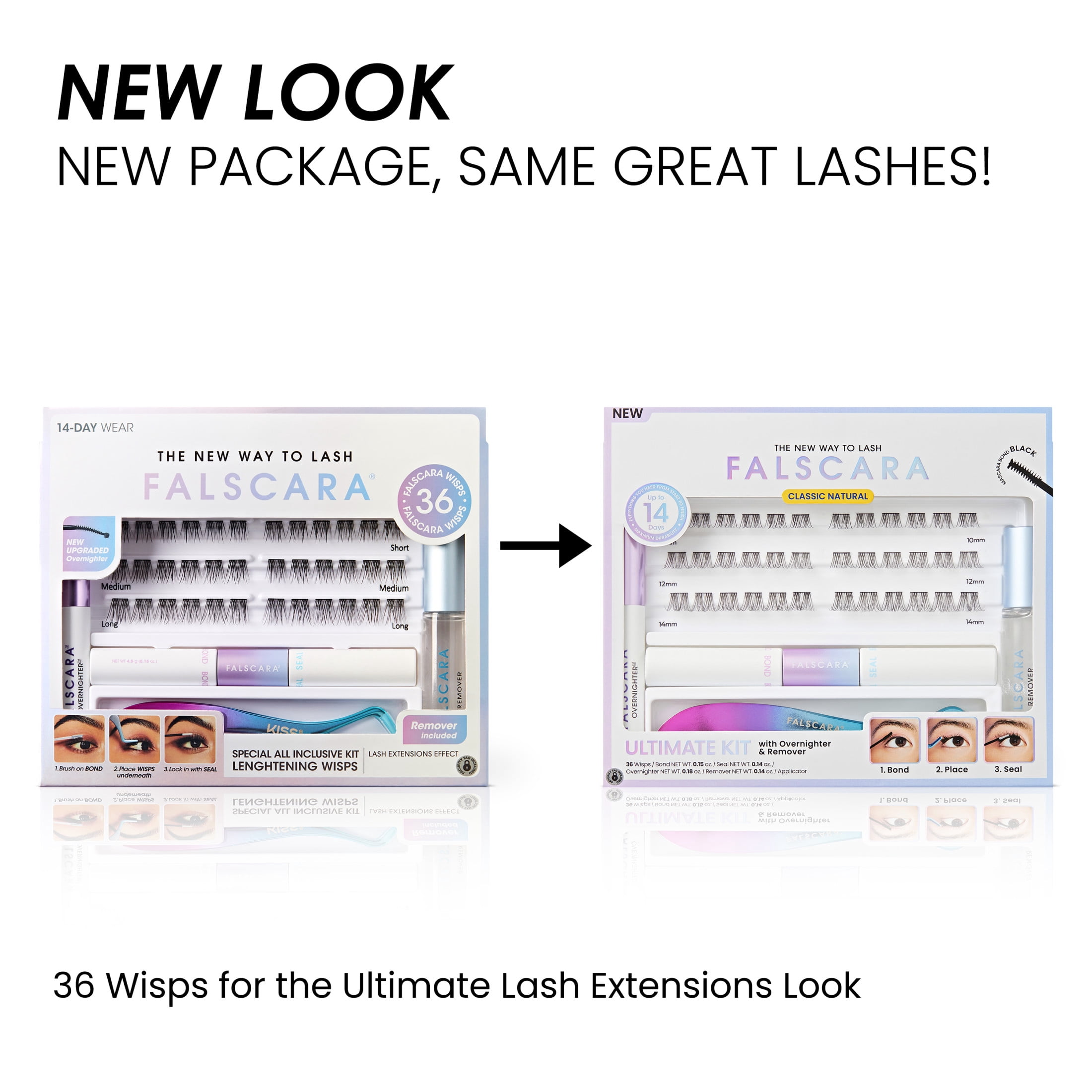 Kiss Falscara 10mm-14mm False Eyelash Ultimate Kit w/ Applicator, Lash Adhesive & Sealer, Overnighter & Remover, Classic Natural, Individual Lashes, Black, 36 Lash Clusters