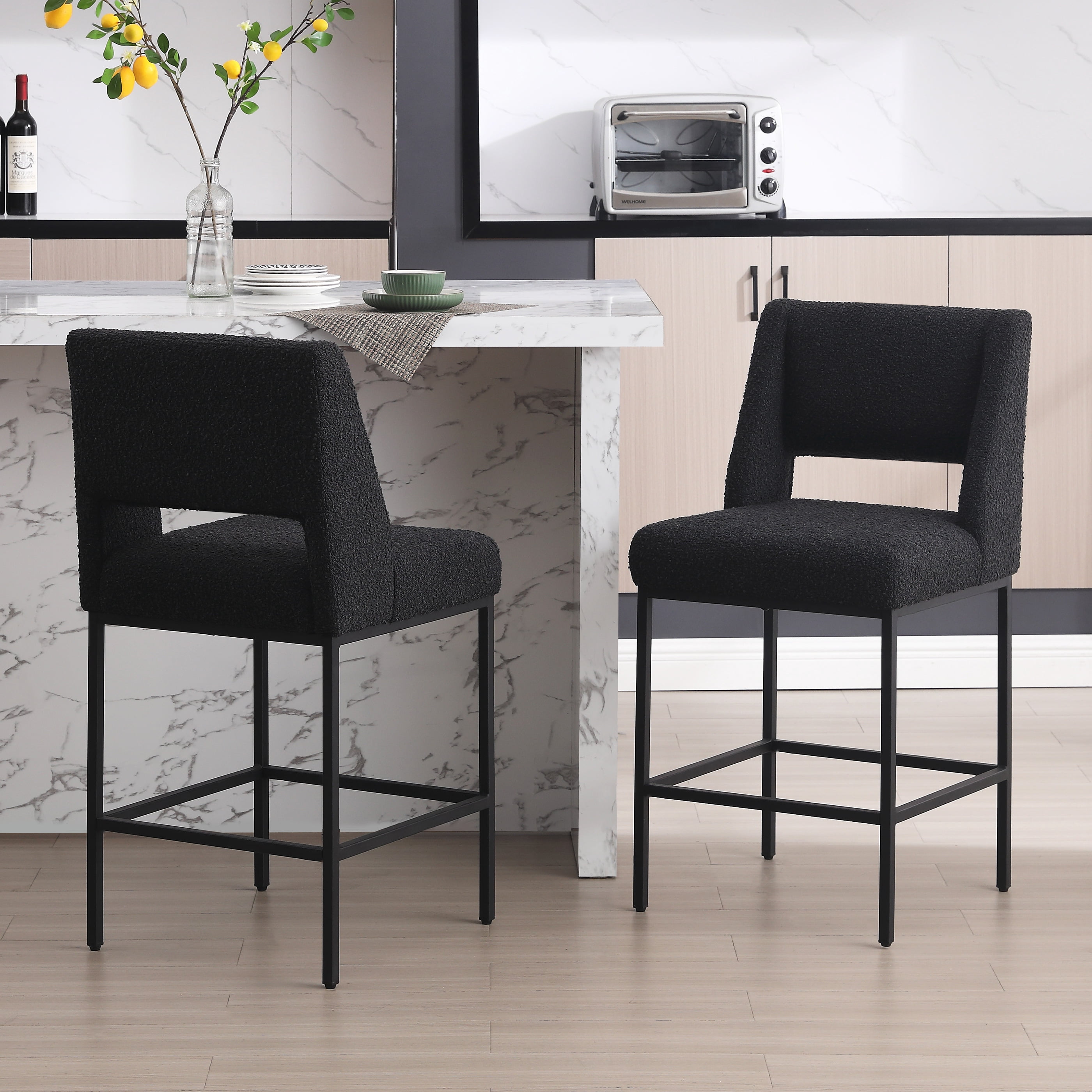 Zesthouse 26.4" Modern Counter Stools Set of 4, Boucle Fabric Bar Stools with Back and Metal Legs, Extra Thick Upholstered Counter Height Chairs for Kitchen Island, Black